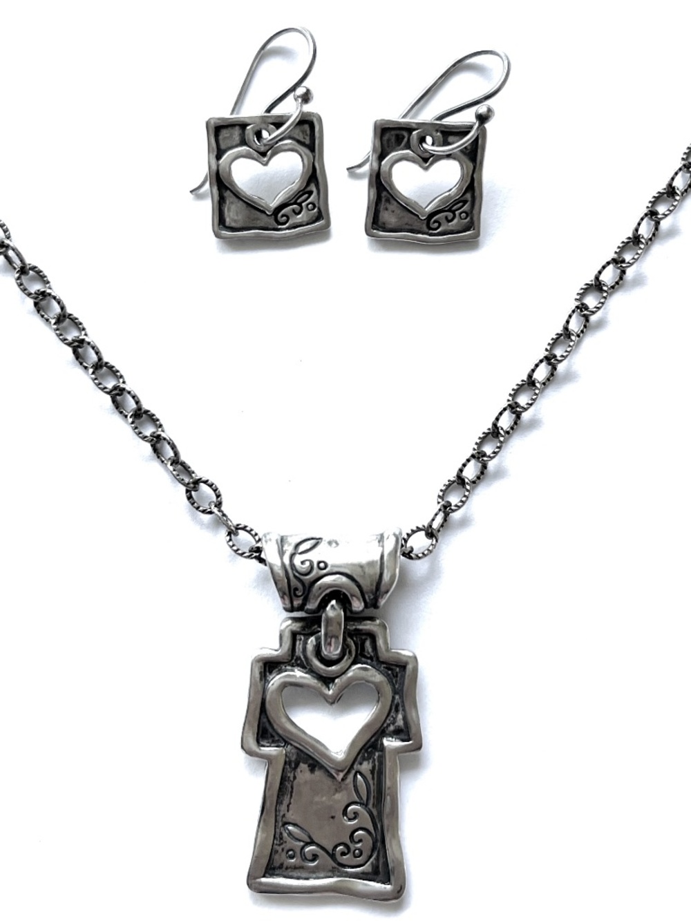 Vintage BARSE 925 Sterling Silver Heart & Swirls Cross Necklace & Earrings Set
